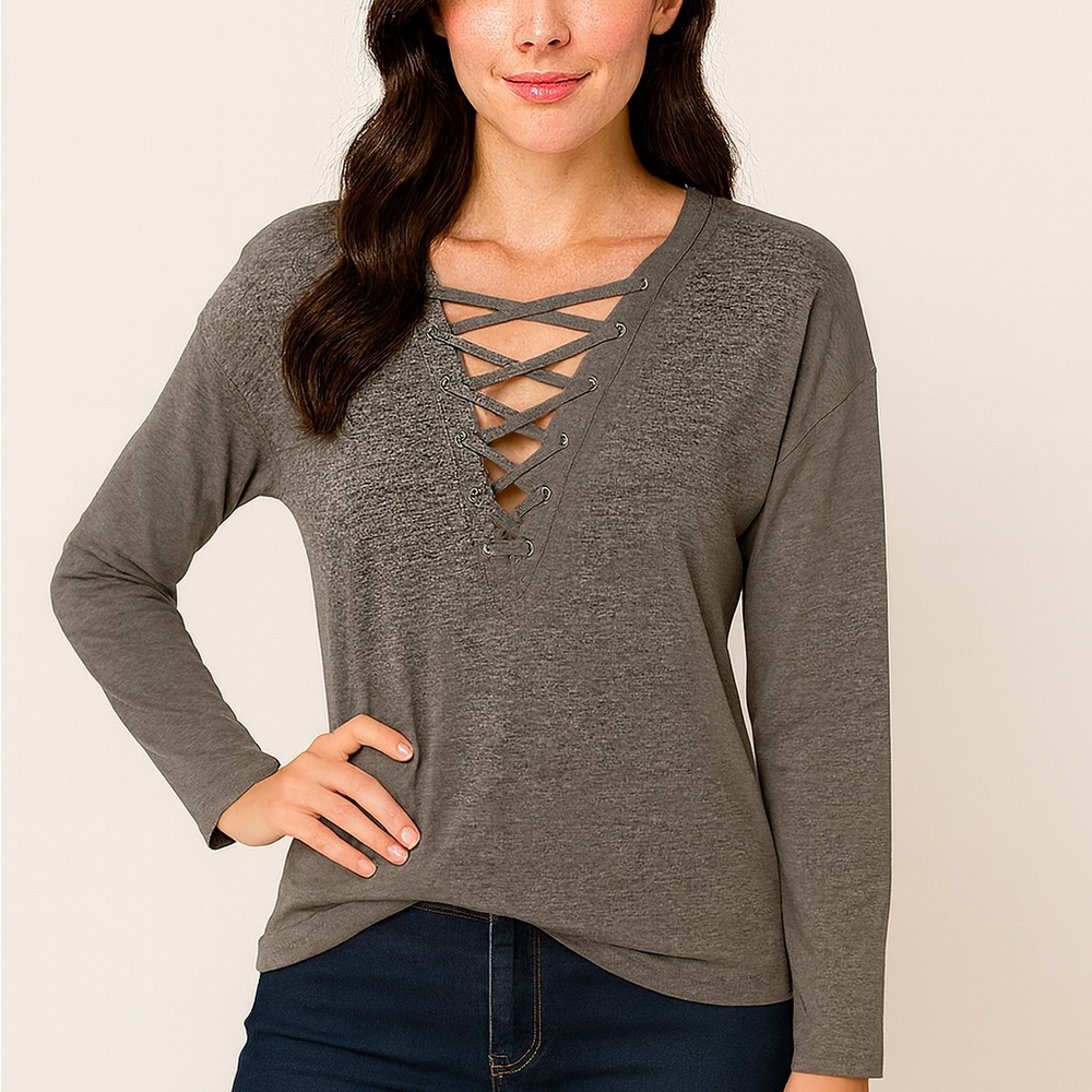 Express Charcoal Lace-Up Long Sleeve Top